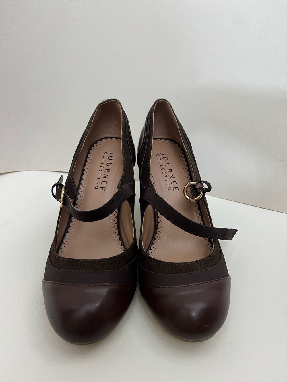 Journee Collection Dark Brown Leather Mary Jane Heels with Gold Buckles